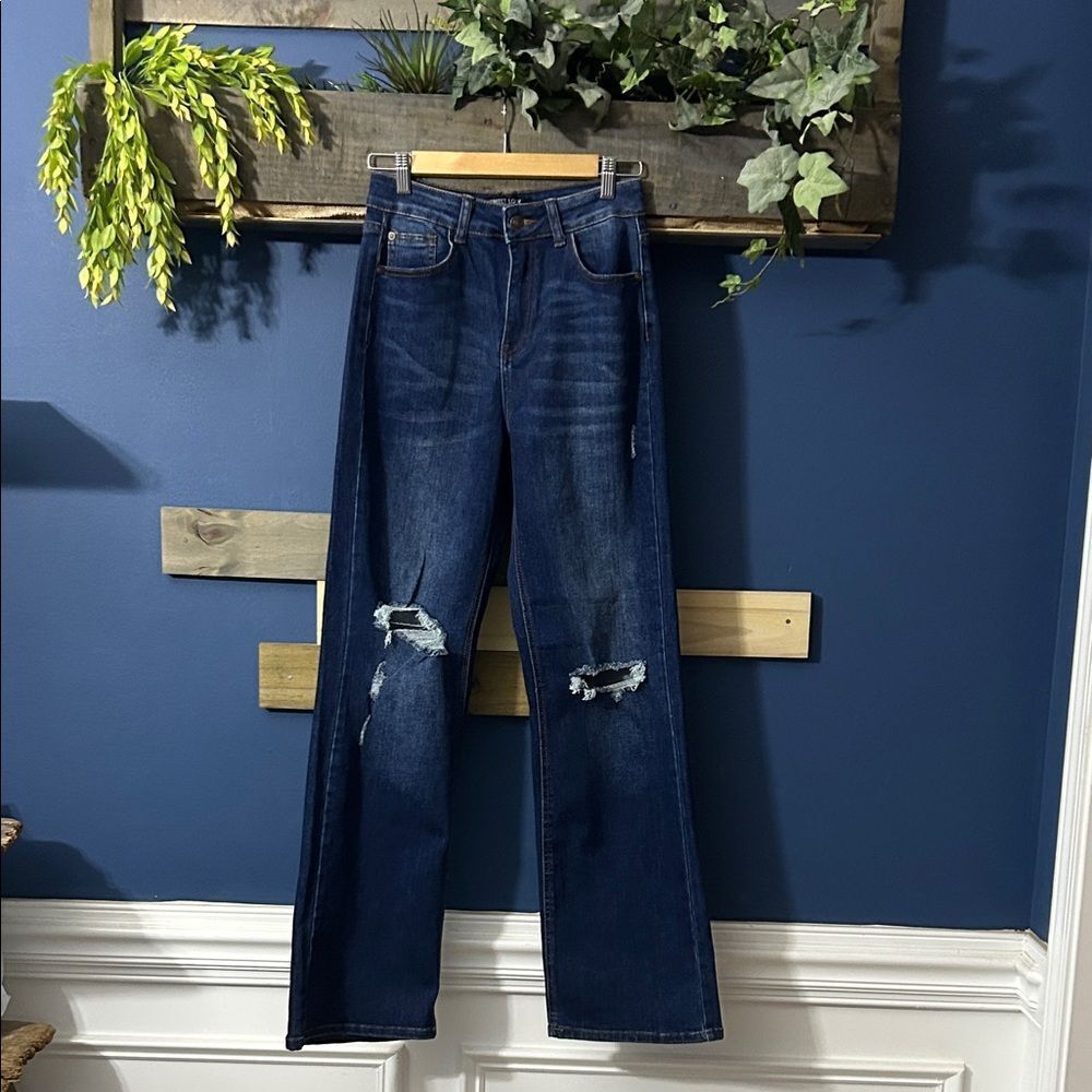 Stylish Dark Blue Distressed Women's Flare Jeans Sz 1 Tall